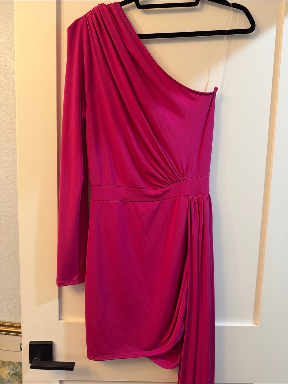 cameo One-Shoulder Draped Fuchsia Mini Dress